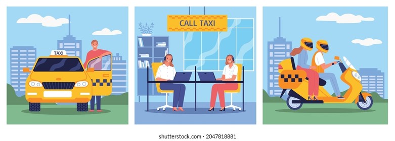 Taxi set of three square compositions with cityscape sceneries and yellow cab scooter with call centre vector illustration