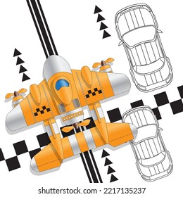 A taxi in the shape of a fantastic spaceship. View from above. Vector illustration.