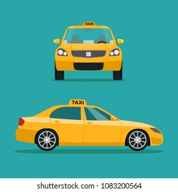 Taxi side and front view. Taxi service.Vector flat style illustration