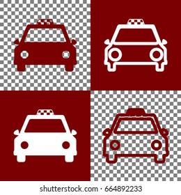 Taxi sign illustration. Vector. Bordo and white icons and line icons on chess board with transparent background.