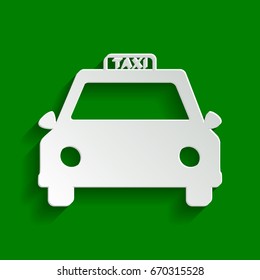 Taxi sign illustration. Vector. Paper whitish icon with soft shadow on green background.