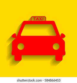 Taxi sign illustration. Vector. Red icon with soft shadow on golden background.