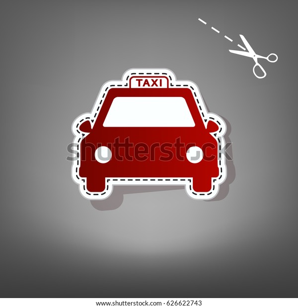 Taxi sign\
illustration. Vector. Red icon with for applique from paper with\
shadow on gray background with\
scissors.