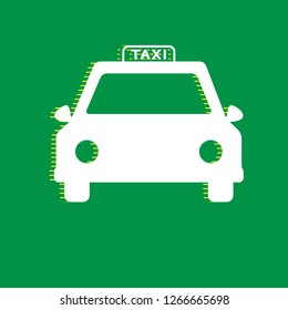 Taxi sign illustration. Vector. White flat icon with yellow striped shadow at green background.