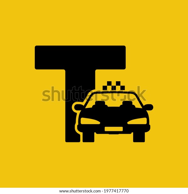 Taxi sign. Linear icon, taxi service,\
minimalist design. Black line silhouette of a car. Vector\
illustration flat design. Isolated on yellow\
background.