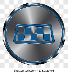 Taxi simple icon vector on metal round button. Transparent grid