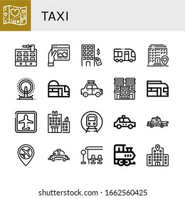 taxi simple icons set. Contains such icons as Travel, Hotel, Minibus, London eye, Subway, Taxi, Train, Airport, Bus stop, can be used for web, mobile and logo