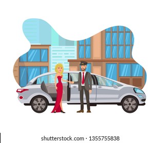 Taxi For Special Event Flat Isolated Illustration. Young Woman In Evening Dress, Cab Driver With Limousine Cartoon Characters. Chauffeur Opening Rear Door To Celebrity. Prom, Event Transport Booking