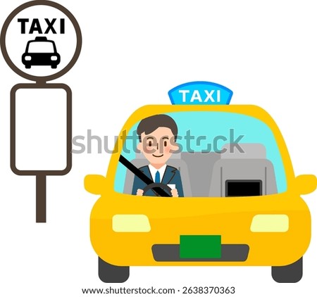 Taxi stand sign and a taxi with a driver