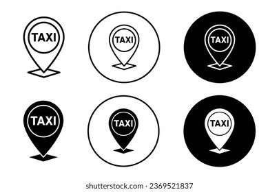 Los taxis paran aquí. Localización del servicio de taxi de transporte urbano en el conjunto de símbolos del mapa. Encontrar el controlador de taxi en línea con el signo del vector del marcador de punto de anclaje exacto. Logo de la línea de cartel de la estación de estacionamiento de taxis. 