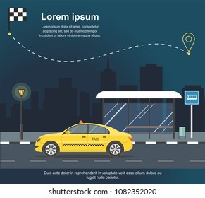 Taxi stopped at the bus stop on background of night city Vector illustration