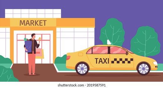 Composición de supermercado de taxis con vistas al exterior del edificio del mercado con bolsas de compra de los clientes y ilustración de vector de taxi