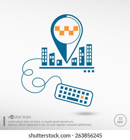 Taxi symbol and keyboard. Line icons for application development on city background