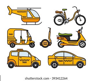 Taxi thin line icons. Taxicab and london cab, baby taxi and tuk-tuk rickshaw, helicopter taxi and bicycle taxi. Vector illustration