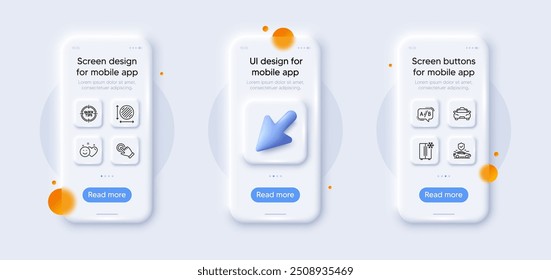 Táxi, gesto de tela sensível ao toque e transporte de seguro linha ícones pack. mockups de telefone 3d com cursor. Tela de vidro do smartphone. Área do círculo, teste de abs, ícone da web Dicas. Geladeira, pictograma de sorriso. Vetor