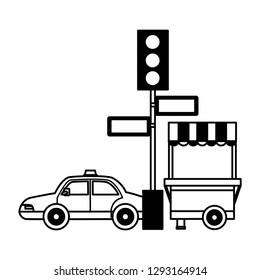 taxi traffic light arrows food booth