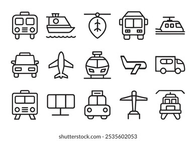 Taxi, train, helicopter, bus, ship, plane, water Transport related editable icon set isolated flat vector illustration white background