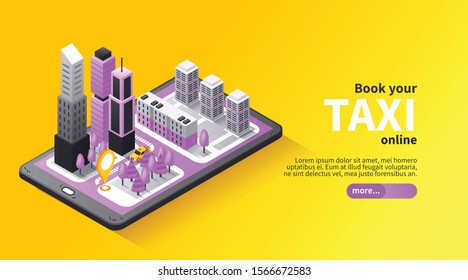 Taxi transfer booking online isometric landing page design with 3d city map on mobile screen vector illustration 