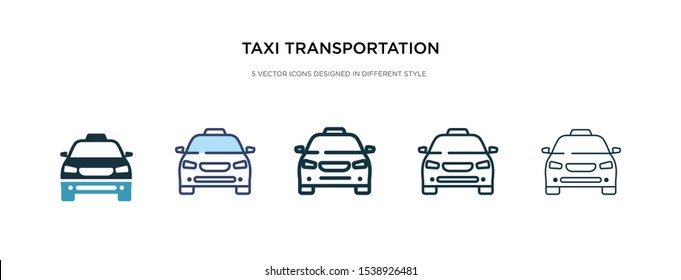 taxi transportation car from frontal view icon in different style vector illustration. two colored and black taxi transportation car from frontal view vector icons designed in filled, outline, line