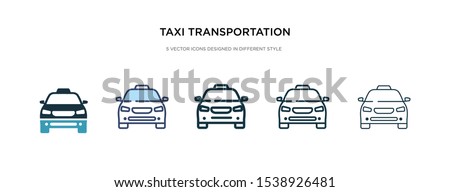 taxi transportation car from frontal view icon in different style vector illustration. two colored and black taxi transportation car from frontal view vector icons designed in filled, outline, line