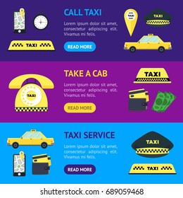 Taxi Transportation Service Banner Horizontal Set For Your Business Flat Design Style. Vector illustration