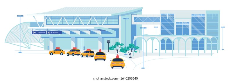 Taxi Transportation Services for Passengers and Tourists Traveling by Airplane. Yellow Taxicabs Queue on Parking near Airport Terminal Building Waiting for Clients. Flat Cartoon Vector Illustration.