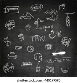 Taxi transportation set. Hand drawn vector stock illustration. Chalk board drawing