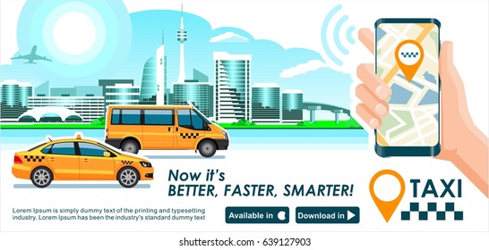 Taxi & trucking industry app banner. City skyline modern buildings hi-tech & taxi cab also smartphone gps map in hand. Concept template of taxi call service for store. 