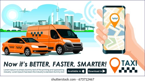 Taxi & trucking industry app banner. City skyline modern buildings hi-tech & taxi cab also smartphone gps map in hand. Concept template of taxi call service for store. 