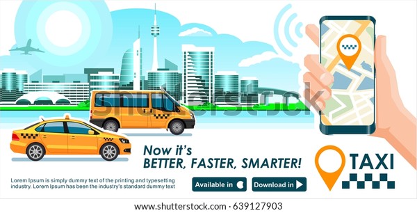 Taxi &\
trucking industry app banner. City skyline modern buildings hi-tech\
& taxi cab also smartphone gps map in hand. Concept template\
of taxi call service for store.\
