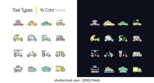 Taxi-Typen helle und dunkle Thema RGB-Farbsymbole Set. Kundentransporte. Taxicab-Fahrzeug. Fahrradrickshaw. Einzige Vektorgrafiken auf weißem und schwarzem Hintergrund. Einfach gefüllte Zeichnungen