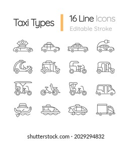 Taxi types linear icons set. Transporting clients. Taxicab vehicle. Cycle rickshaw. Urban transport. Customizable thin line contour symbols. Isolated vector outline illustrations. Editable stroke