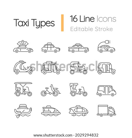 Taxi types linear icons set. Transporting clients. Taxicab vehicle. Cycle rickshaw. Urban transport. Customizable thin line contour symbols. Isolated vector outline illustrations. Editable stroke