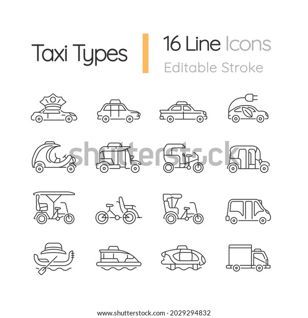 Taxi types linear icons set. Transporting clients.\
Taxicab vehicle. Cycle rickshaw. Urban transport. Customizable thin\
line contour symbols. Isolated vector outline illustrations.\
Editable stroke