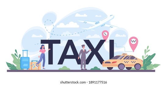 Taxi typographic header. Yellow taxi car. Automobile cab with driver inside. Idea of public city transportation. Isolated flat illustration