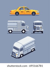 taxi and van, pixel art sprites vector illustrations set