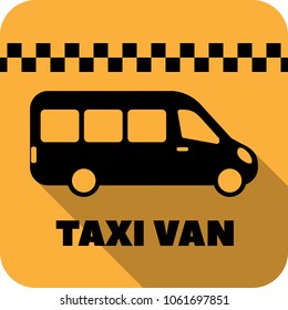 Taxi van vector flat icon for apps and websites. Bus on yellow background with shadow with taxi van inscription