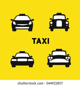 Taxi Various Times, Old And Modern Taxi Cab, Front Silhouette Icons Set