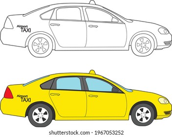 Dibujo vectorial de taxi aprendizaje de la educación dibujo de dibujos animados, líneas de arte y colores.