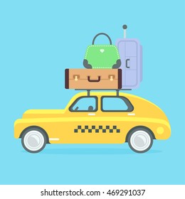 Taxi vector illustration. Yellow flat taxicab. Isolated retro car with suitcases. Car carries a lot of baggage on a journey. Flat style vector illustration. Vacation and trip. 