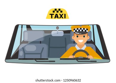 Taxi vehicle interior driver car wheel ride driving isolated flat design vector illustration