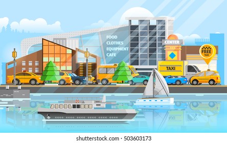 Taxi vehicles template with traffic of cars automobiles ship yacht and bus in flat style vector illustration