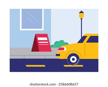 Taxi is waiting for passengers, transportation in big city. Design character. Vector flat illustration