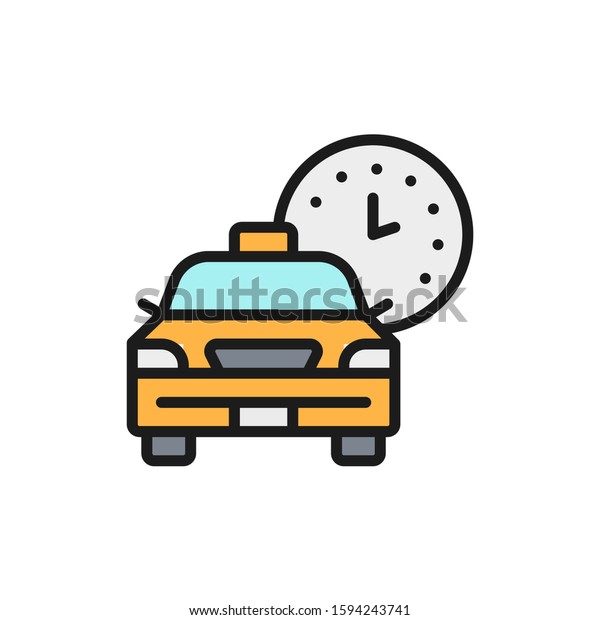 Taxi waiting time, car deadline, schedule ride flat\
color line icon.