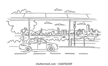 Taxi waiting for you at the ferry port. Car, city and river on the background. Hand drawn sketch vector black line.