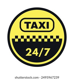 Taxi yellow cab checkered always available round minimal emblem design template vector flat illustration. Passenger city travel transportation service circle insignia traffic movement label