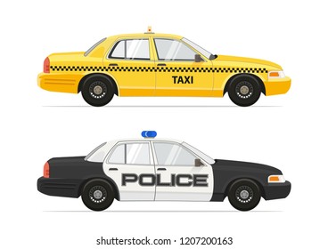 Taxi Yellow Cab NYC Car. Police Sheriff Security Car. Isolated on white background cars set. Vector illustration.