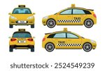 Taxi Yellow Car and Cab Flat Collection: Side, Front, Back Angles and Views for Web Design.