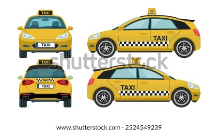 Taxi Yellow Car and Cab Flat Collection: Side, Front, Back Angles and Views for Web Design.