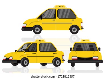 Taxi yellow car cab isolated on white background for animation, front, side, 3-4 view character. Vehicle, flat icon vector Illustration 